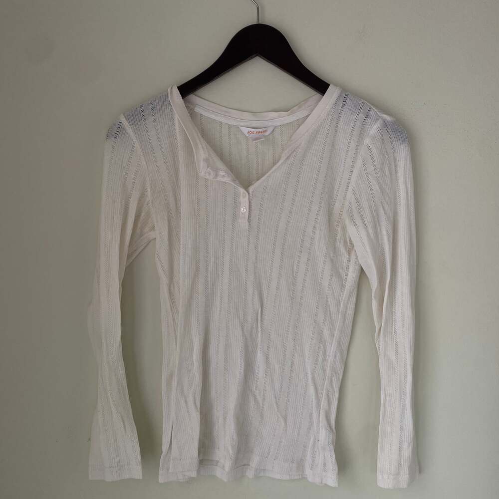 Joe Fresh Women's babydoll Elena Gilbert White Pointelle Long Sleeve Henley Top